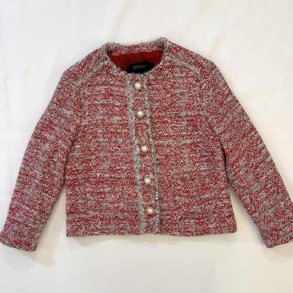 Zara Woman Red Pink Tweed Boucle Jacket Blazer M Pearl Button Frayed Blogger - Picture 2 of 16